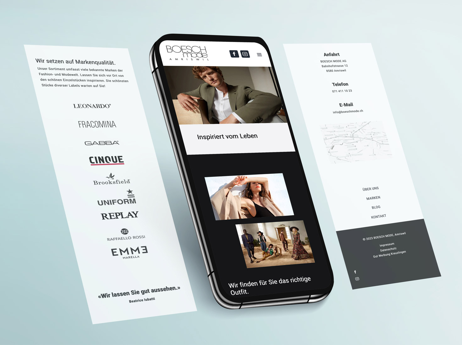 Schöne seitliche Ansicht der erstellten Website für den Kunden Boesch Mode in Amriswil - drei vertikale Screens der Mobile-View