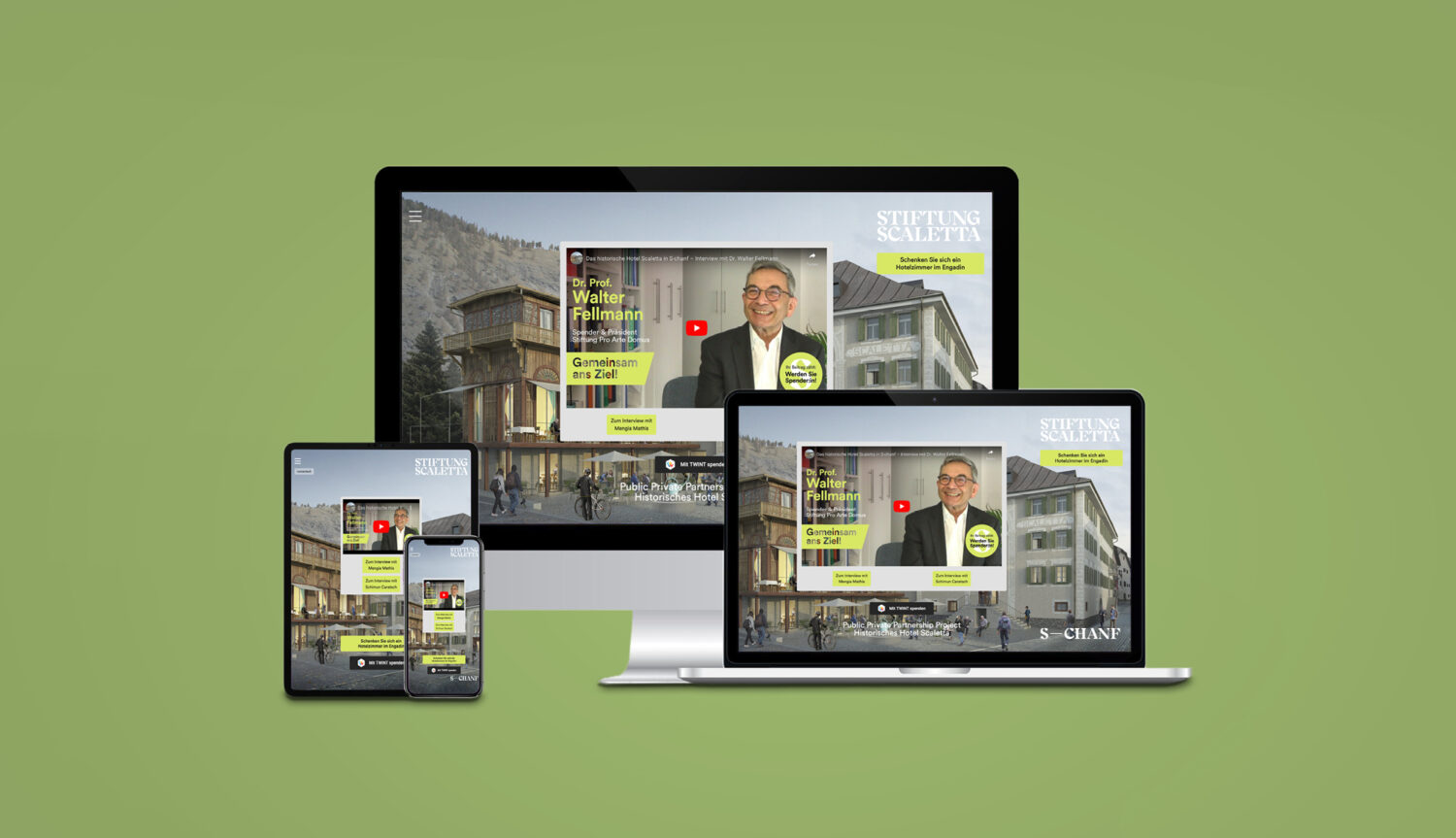 Video-Kampagne: Revitalisierung des Hotels Scaletta in S-chanf Die Videos der Kampagne für die Stiftung Scaletta auf unterschiedlichen Geräten.