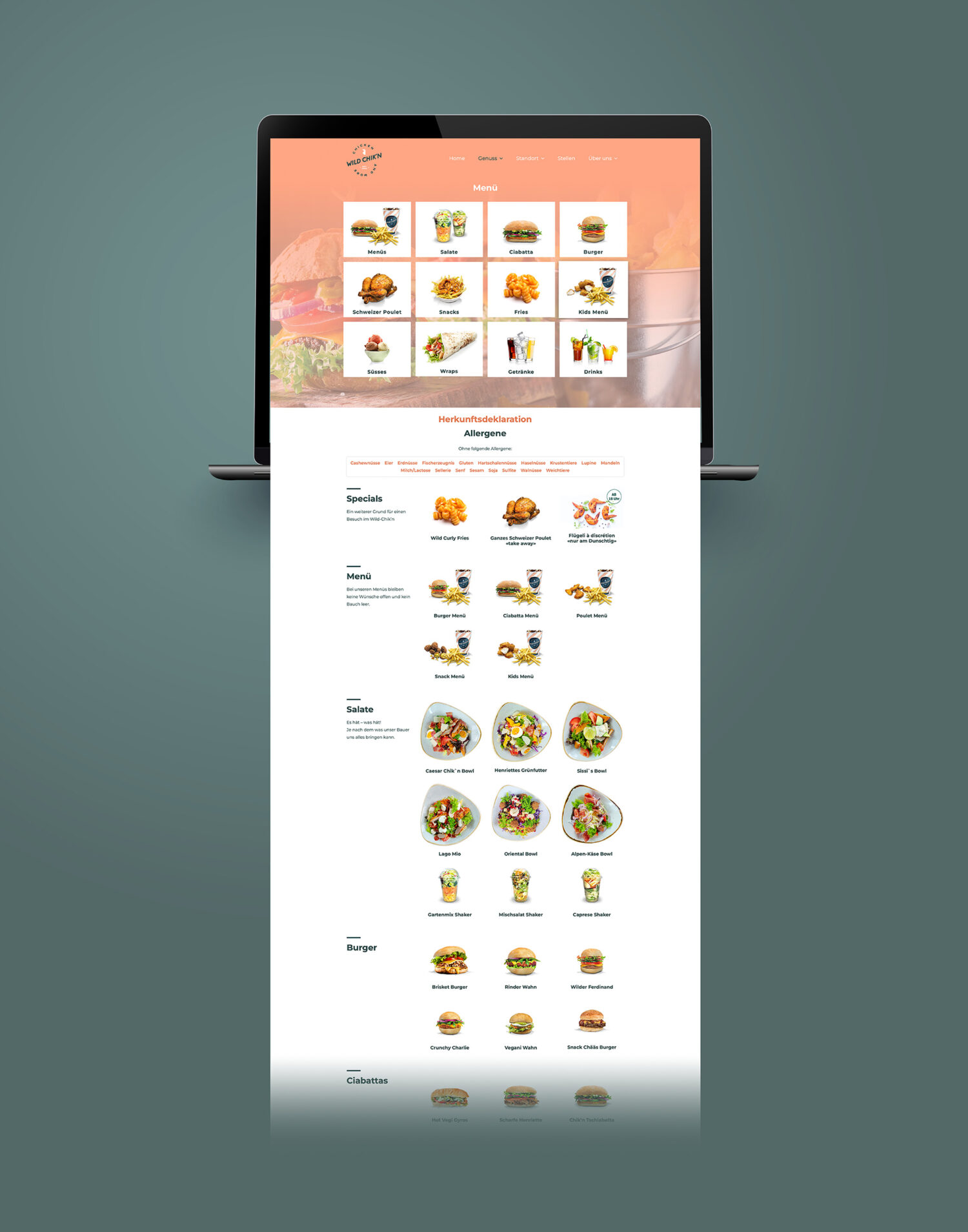 Website: Umsetzung des Corporate Designs für Wild Chik'n im Web.
