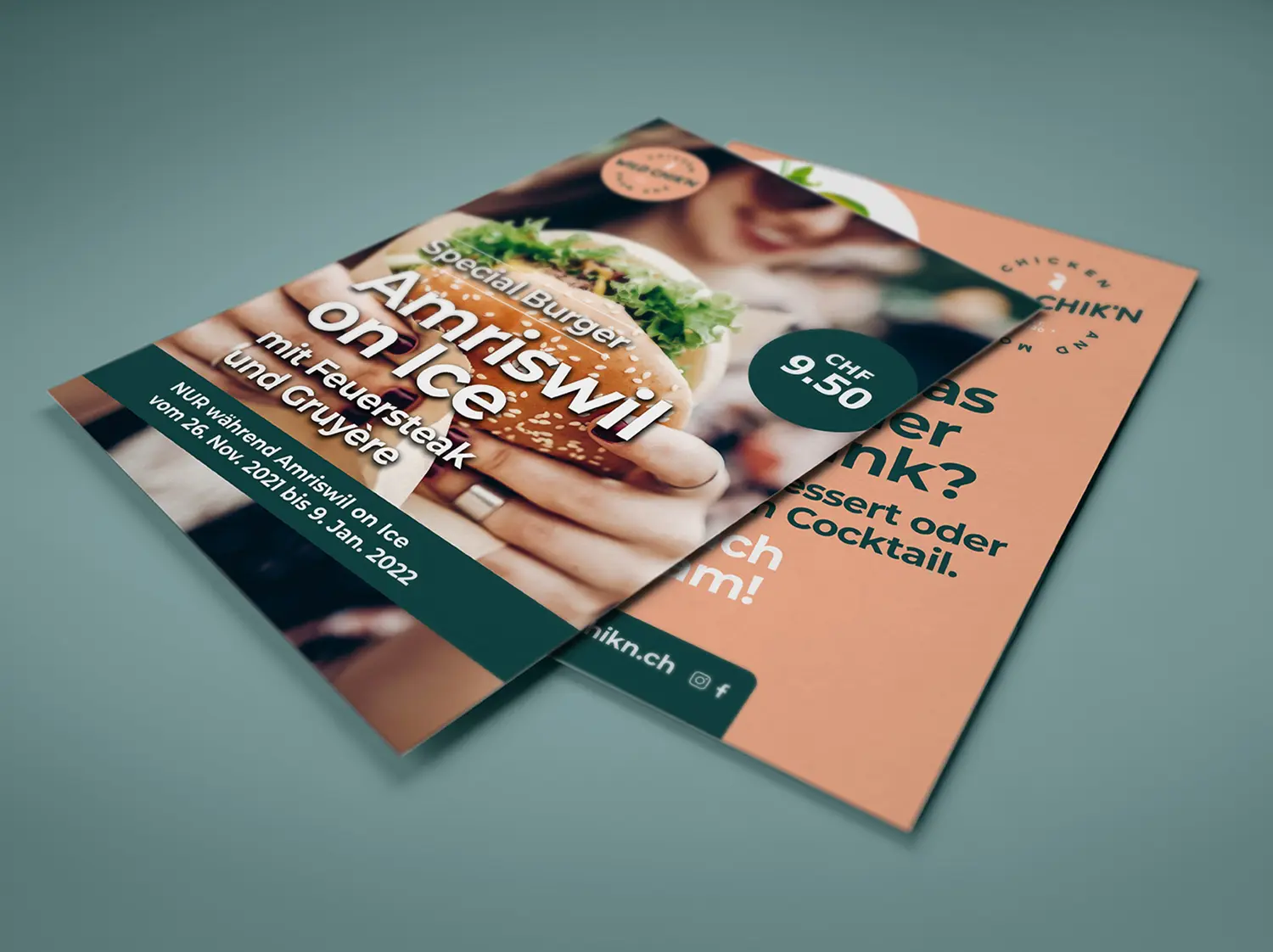 Ein Flyer im Corporate Design von Wild Chik'n mit einem Sonderangebot des Restaurants.